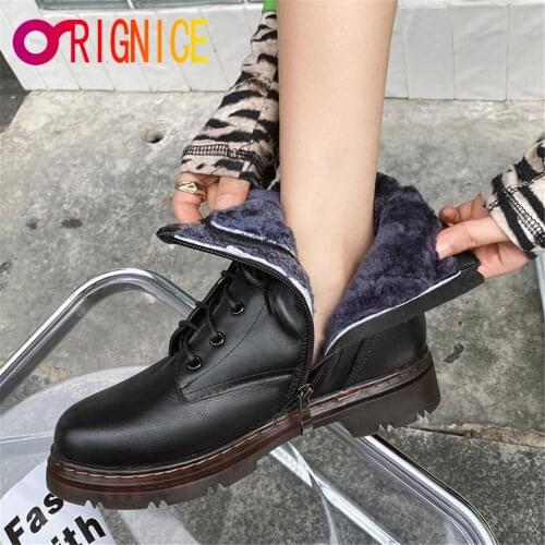 Orignice Classic Style Genuine Leather Modern Ankle Boots Platform Thick Heels Round Toe Lace Up Ladies Autumn All Match Shoes