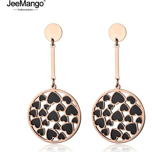JeeMango Black & Rose Gold Color Love Heart Shape 2 Layers Earrings Stainless Steel Jewelry Aretes De Mujer Women Gift JE18092