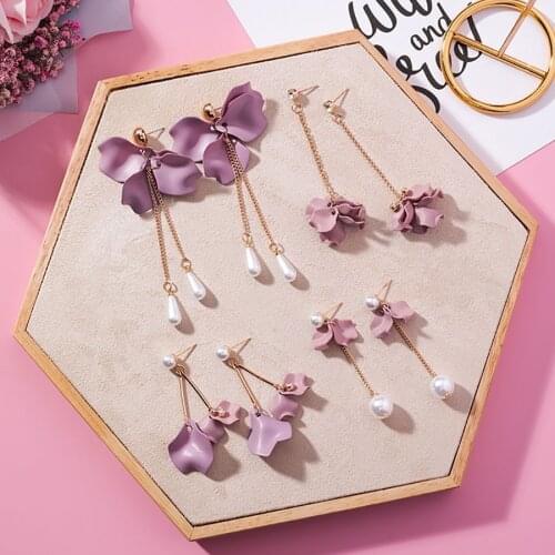 Sweet Purple Flower Petal Korean Earrings For Women Fashion Earrings 2019 Charm Pearl Gold Jewelry Luxury Ear Kpop Accessories