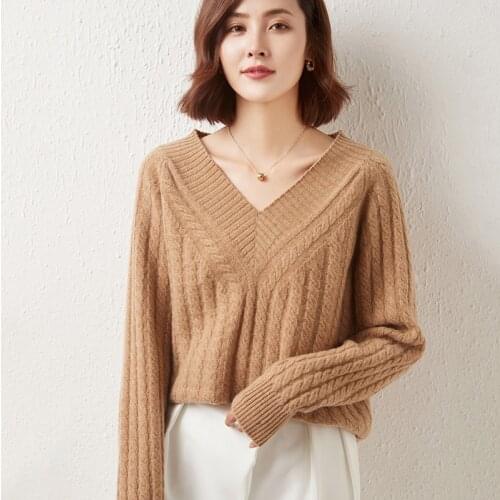 2021 Autumn/Winter Women Knit Jumpers 100% Wool Pullovers Long Sleeves V-Neck Clothes Hot Sale Thicker Sweaters