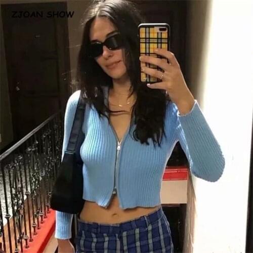 Women Sexy Turn-down Collar Double Head Zipper Cropped Cardigan Sweater Vintage Knitted Short Knitwear Long sleeve Jumper Tops