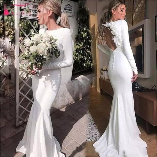 2019 White Mermaid beach Wedding Dresses Long Sleeves lORIE Mermaid Bride Gowns Sexy Open Back Floor Length Wedding Gowns