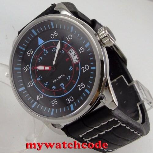 44mm planca black dial blue marks date date window automatic movement mens watch