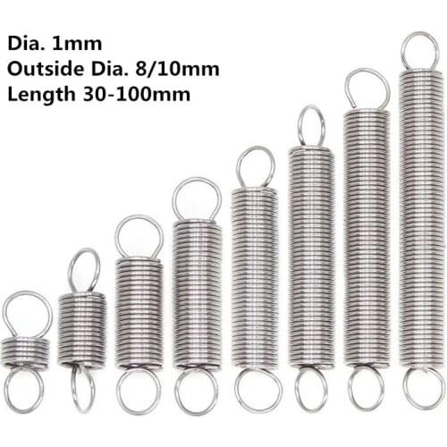 5pcs/lot 304 stainless steel tension spring tension with hook spring Wire Dia. 1mm Outside Dia. 8/10mm Length 30-100mm