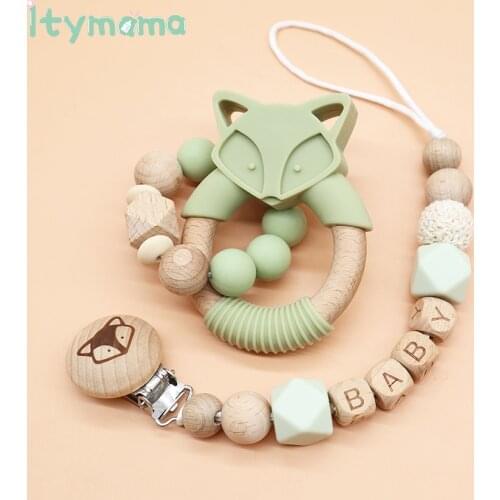 1Set Pacifier Clips Baby Toys Wooden Rattle Infant Baby Play Fox Baby Rattle Personalized Pacifier Chain Kids Silicone Teether