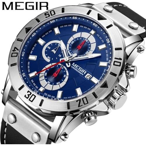 MEGIR 2021 New Watches Fashion Mens Watch Waterproof Sport Chronograph Leather Calendar Luminous Quartz Relogio Masculino 2081G