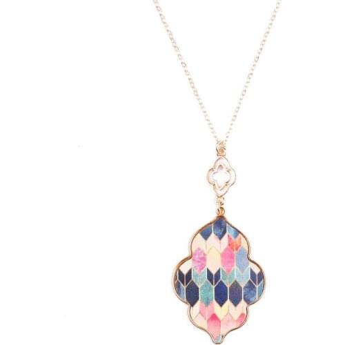 Long Chain Moroccan Pendant Necklaces Paisley Pattern Printed Quatrefoil Pendant Long Chain Pendant Necklaces