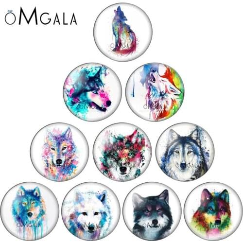 New Watercolor Wolf Paintings 10pcs mix 12mm/16mm/18mm/25mm Round photo glass cabochon demo flat back Making findings