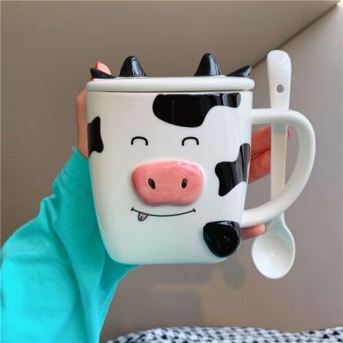 Cartoon Coffee Travel Mug Lovely Water Milk Cup Cute Crative Design Cow Breakfast Couple Ceramic Cup with Lid Christmas Mugs