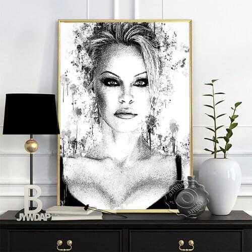 Black White Watercolor Pamela Anderson Poster, Canada Actress Elegant Goddess Sketch Art Prints, Minimalism Portrait Wall Decor