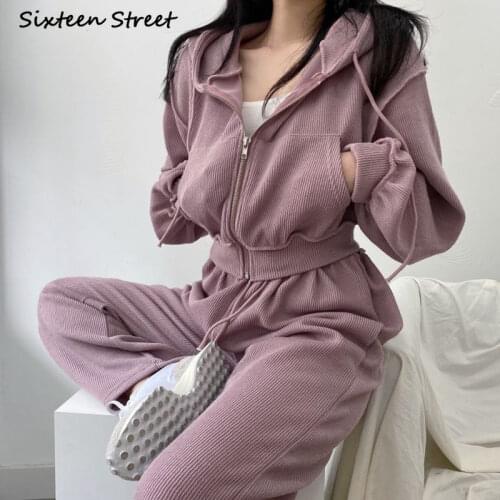 Sports Suit Women Korean Fashion Chic Hooded Sweater Coat High Waist Casual Pants Female Solid Drawstring Y2k Clothing Women