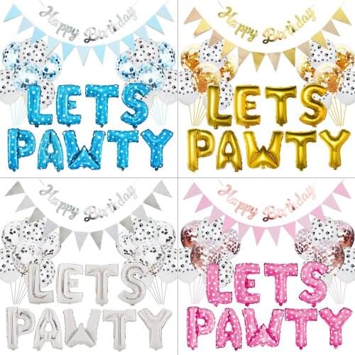 Pet Birthday Theme Party Decor Cat Face Dog Pet Flag Animal Banner 16inch Letter LETS PAWTY Pet Birthday Balloon Party Set Favor