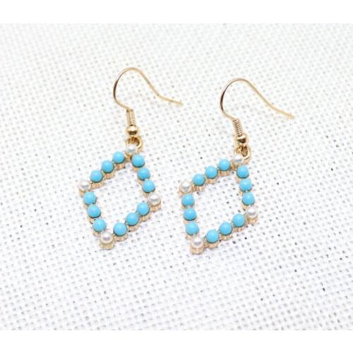 Paved Mixed Pearl Turquoise Beads Open Rhombus Drop Earrings for Women Fashion Geometric Jewelry Wholesale