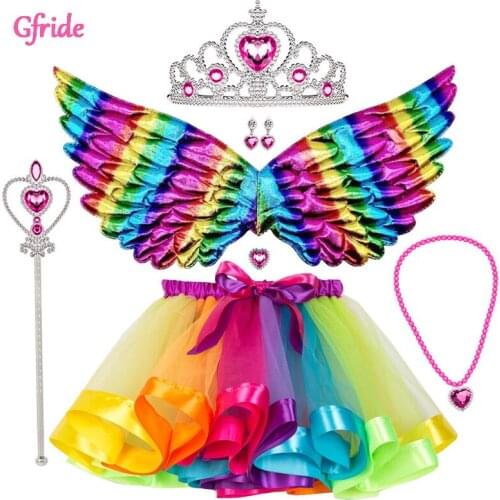Girls Princess Unicorn Costumes With Wings Rainbow Tutu Tulle Skirt For Kids Dress Up Halloween Christmas Fancy Party Clothing