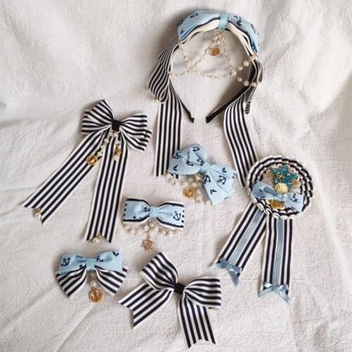 Handmade navy blue striped Lolita Lolita navy JSK dress OP skirt hairpin hairband badge