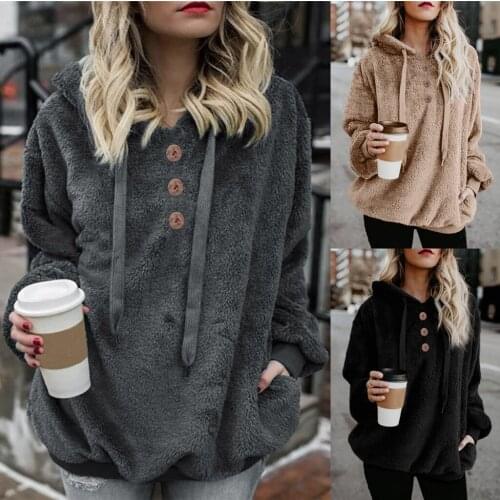 Women Winter Autumn Fashion Hooded Fleece Long Sleeve Button Plush Hoodies Girls Solid Color Sweatshirt Top Outerwear