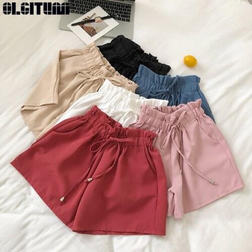 New Summer 2020 Women Korean Solid Wild Elastic Waist Strap High Waist Loose Flower Wide-leg Shorts Casual PT292