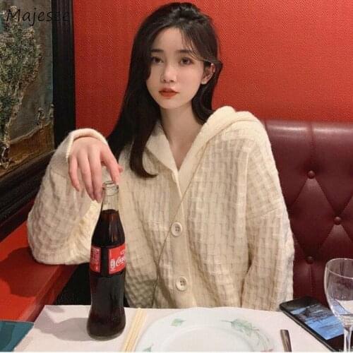 Cardigans Women Hooded Single Breasted Knitted Long Sleeve Solid Sweet Elegant All-match Leisure Korean Students Sweaters Trendy