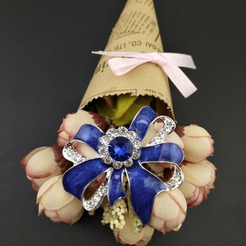 50pcs/ 50mm Bow bow-knot Brooch Pin Silver Tone Clear Rhinestone Crystal Blue Enamel Brooches Christmas Wedding Pins