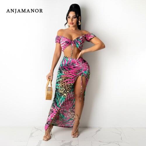 ANJAMANOR Tropical Floral Printed Dress Sets Sexy Summer Vacation Outfits for Women 2021 Split Maxi Skirt 2 Piece Set D43-CI27