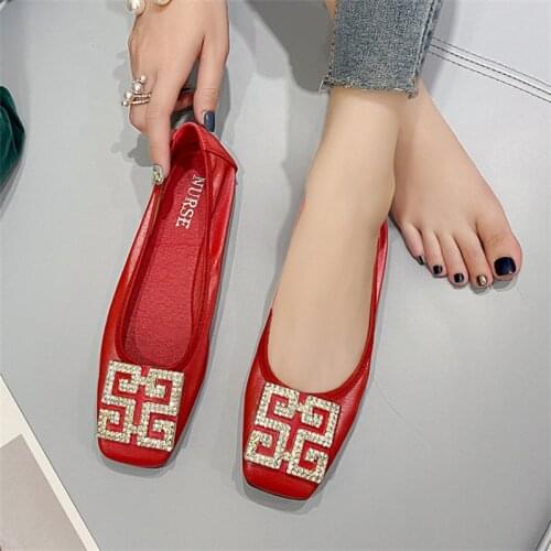 Ballet Flats Shoes Women 2021 Autumn Ladies Solid Crystal Rhinestone Slip On Red Square Toe Womens Shoes
