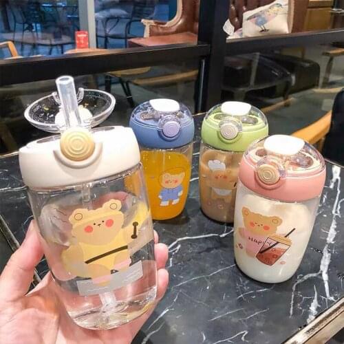 Childrens water bottle cute cartoon bear pattern creative portable mini girl simple creative drinking straw drinking cup