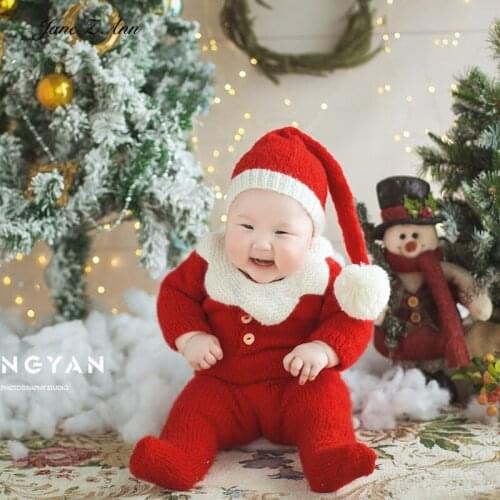 Infant 100 days 6 month Christmas new year Photo Props Mohair Handmade Baby studio Shooting Costume hat+jumsuit