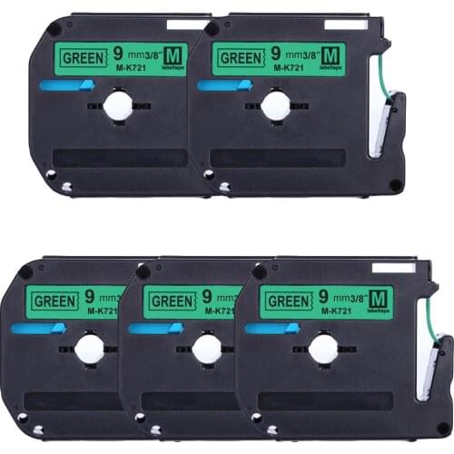 Label World 5PACK MK721 label tape Compatible Brother Black on green 9mm laminated strong adhesive label tapes for PT-80 PT-70