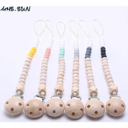 MHS.SUN Original wooden baby pacifer chain clip food grade wood&silicone beads chewable for infants teething nipple/toy holder