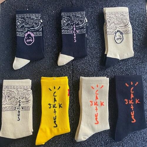 3 Pairs Cotton Sock Skate Crew Socks Men Sport Travis Scott Cactus Jack Bandanas Socks Streetwear Hip Hop Sports Socks