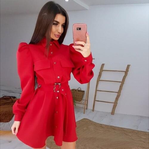 Autumn Women Puff Sleeve Belt Dress Ladies Fashion Turn Down Collar A Line Mini Party Dress New Spring High Waist Casual Solid