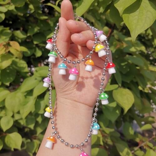 Lost Lady Ultra-Cute 7 Colors Mushroom Pendants Necklace Handmade Charm Bracelets Jewelry Set for Women Girl Daily Jewelry Gifts