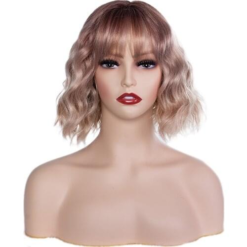 AMIR HAIR Short Wavy Wig with Bangs Synthetic Wigs for Women Bob Wig Daily Heat Resistant Fiber Party Wig