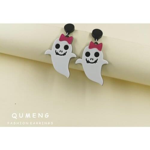 QUMENG 2021 Creative Punk Wacky Halloween Red Bowknot White Ghost Acrylic Pendant Earrings For Girl Fashion Festival Giftsns