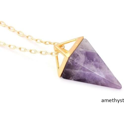 Sinhot Healing Crystal Stone Pyramid Necklace White Purple Quartz Pendulum Amulet Opal Gem