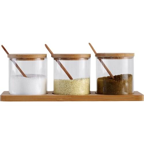 Condiment Jars with Bamboo Wooden Lids and Spoons Set of 3 10oz Glass Seasoning Containers with Tray Kitchen Gadgets Storage