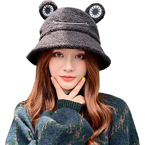 High Quality Winter Plush Frog Bucket Hat Warm Faux Fur Fisherman Cap Cute Windproof Hats Gift for Women Ladies Girls