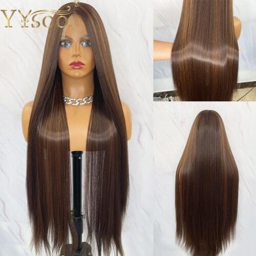 YYsoo 30" Long 4/30 Synthetic Sliky Straight Fake Scalp Wigs for Black Women Japan Futura Heat Resistant Fiber Replacement Wigs