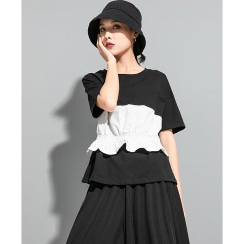 2021 summer new cross border fashion brand womens street personalized stitching Ruffle design feeling slim T-shirt