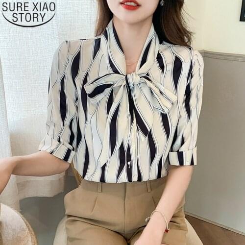 2021 Summer New Korean Fashion Stripe Shirt Women Bow Blouse Office Lady Short Sleeve Tops Blusas Mujer Button Shirts 15863