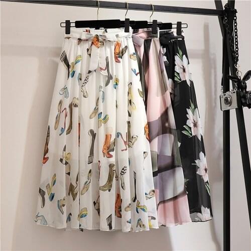 Harajuku Skirts Womens 2021 Bohemian Chiffon Skirt Pleated Floral Printed Mid-length Floral Beach Skirt Юбка С Высокой Талией