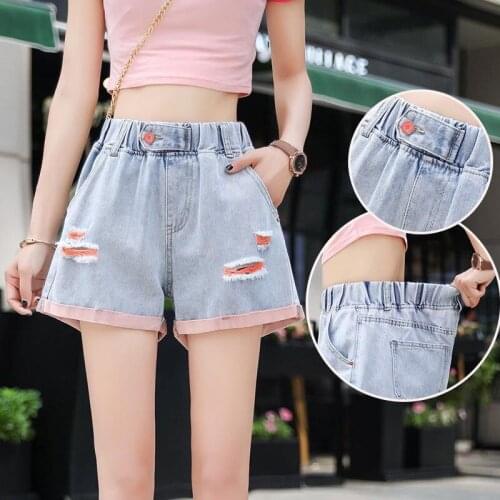 Hot Sale 2021 Summer New Casual Loose Wide Leg Denim Shorts Women Hole Elastic High Waisted Short Jeans Pink Mujer Femme Y776