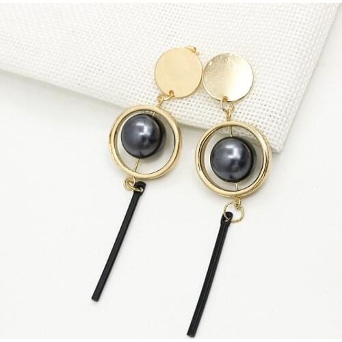 Golden Hoop Dark Simulated Pearls Bead Black Stick Drop Earrings for Women Dangle Earrings