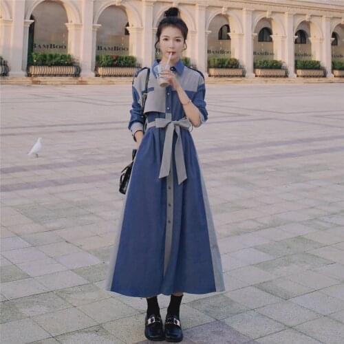 2021 Spring New Women Long Dress Korean Loose Single-Breasted Patchwork Ladies Shirt Vestidos Streetwear G956