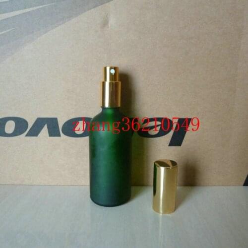 100pcs 100ml green frosted Glass perfume Bottle With aluminum shiny gold mist sprayer, 100ml perfume atomizer bottle container