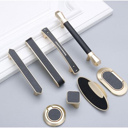 Black leather handle cabinet door handle solid zinc alloy European style kitchen cabinet handle drawer handle furniture hardware