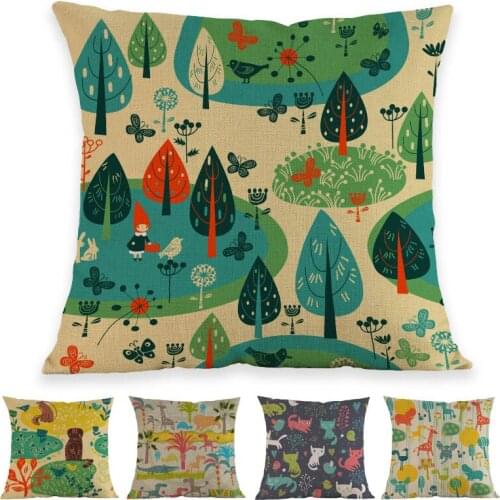 Cartoon Hand Drawing Style Lovely Animals And Trees Pattern Throw Pillow Case Home Car Sofa Kids Room Decorative Cushion Cover