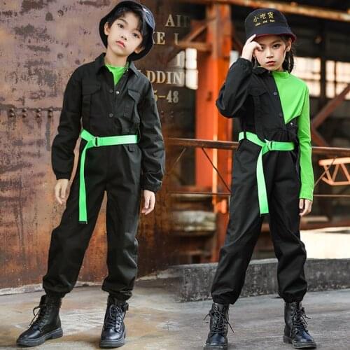 Kids Hip Hop Costumes Boys Girls Jazz Clothing One-Piece Pants Black Overalls Hip Hop Performance Outfits Stage Costume BL5711
