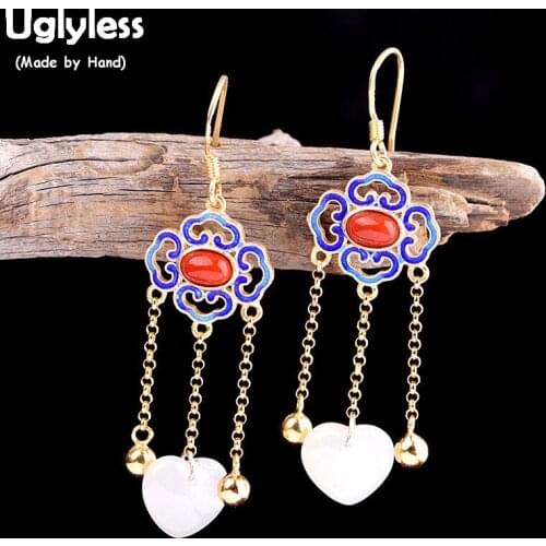 Uglyless Enamel Blue Flower Earrings for Women Ethnic Tassel Earrings Heart MAZE Natural Jade Brincos 925 Silver Jewelry E1444