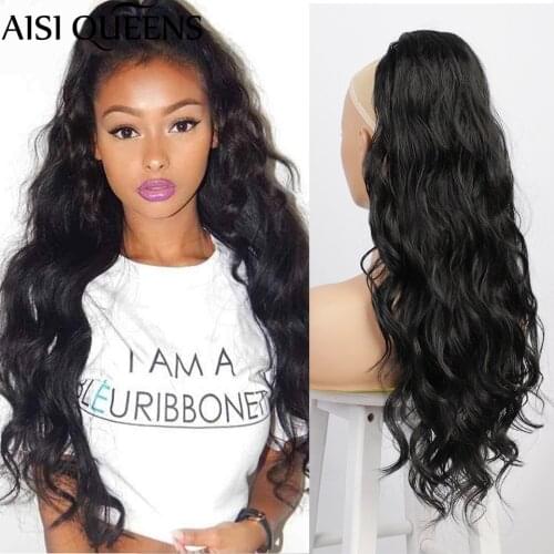 AISI QUEENS Long Body Wave Black Ponytail Extension Drawstring Heat Resistant Synthetic Ponytail for Women Blonde Brown